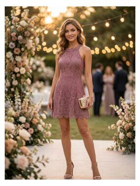 Altar'd State Mauve Floral Lace High Neck Swing Dress Medium